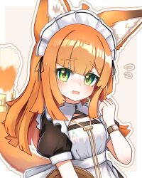 Rule 34 | 1girl, absurdres, alternate costume, animal ears, arknights, black dress, blush, breasts, cat ears, cat girl, cat tail, commentary, dress, enmaided, highres, long hair, looking at viewer, maid, maid headdress, open mouth, orange hair, papyrus (arknights), puffy short sleeves, puffy sleeves, short sleeves, small breasts, solo, tail, th3cr0ma, upper body