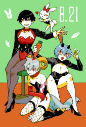1boy 3girls animal_collar between_legs black_coat black_hair black_leotard black_shrug bleeding blood blowing_kiss blue_hair brown_pantyhose carrot coat collar crossdressing elbow_gloves fishnet_thighhighs fishnets full_body furry furry_female gloves green_background grey_hair hand_between_legs high_heels highres holding holding_carrot hoof_shoes horns leotard looking_at_viewer momomo_906 multicolored_eyes multiple_girls on_one_knee original pantyhose rabbit_girl red_eyes red_leotard sheep_boy sheep_horns sheep_tail short_hair shrug_(clothing) single_elbow_glove stab tail thighhighs v very_short_hair yellow_eyes