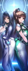 2girls absurdres ass-to-ass black_hair blue_eyes bodysuit breasts brown_eyes cleavage cleavage_cutout clothing_cutout eve_(stellar_blade) goddess_of_victory:_nikke green_bodysuit highres long_hair looking_at_viewer multicolored_bodysuit multiple_girls parted_lips planet_diving_suit_(7th)_(stellar_blade) ponytail raven_(stellar_blade) raven_suit_(stellar_blade) silver_bodysuit stellar_blade toriseru_(rare_stone)
