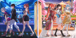 2boys 6+girls absurdres against_glass alternate_costume aquarium bag bare_legs bare_shoulders belt black_eyes black_hair black_hairband black_jacket black_skirt bow calcharo_(wuthering_waves) camellya_(wuthering_waves) changli_(wuthering_waves) chinese_commentary closed_mouth clothing_request cloudy_(wuthering_waves) colored_eyelashes commentary_request cosmos_(wuthering_waves) crop_top dress earrings encore_(wuthering_waves) female_rover_(wuthering_waves) hair_between_eyes hair_bow hair_ornament hair_vines hairband hairclip hand_in_pocket highres holding holding_jacket holding_unworn_clothes indoors jacket japanese_clothes jewelry jinhsi_(wuthering_waves) kimono legs looking_at_another male_rover_(wuthering_waves) mosta_(lo1777789) multiple_boys multiple_girls multiple_hair_bows off_shoulder open_mouth outdoors pants pink_hair pointy_ears ponytail red_belt red_eyes red_hair red_kimono rover_(wuthering_waves) shirt short_hair shoulder_bag skirt smile split_theme tacet_mark_(wuthering_waves) unworn_jacket white_bow white_dress white_eyelashes white_eyes white_hair white_pants white_shirt wuthering_waves yellow_eyes yinlin_(wuthering_waves)