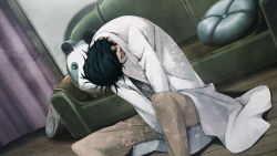 1boy black_hair brown_pants coat couch day dutch_angle exhausted facing_down future_gadget_lab game_cg highres huke lab_coat lapels long_sleeves male_focus messy_hair non-web_source notched_lapels official_art okabe_rintarou on_floor pants shirt sitting solo steins;gate steins;gate:_linear_bounded_phenogram t-shirt upa_(steins;gate) white_coat white_shirt wooden_floor