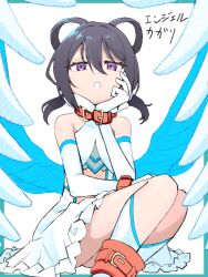 Rule 34 | 1girl, alternate costume, dress, elbow gloves, gloves, hair rings, hinata kagari, kneehighs, looking at viewer, mahou shoujo madoka magica, mahou shoujo suzune magica, purple eyes, purple hair, sitting, socks, solo, sonohi210, sundress, white dress, white gloves, white socks