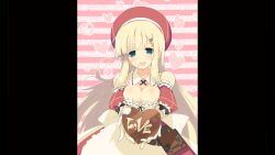 1girl absurdres apron beret blonde_hair blue_eyes blunt_bangs breasts breasts_squeezed_together brown_bag candy chocolate chocolate_heart cleavage detached_sleeves dress english_text food gloves hat heart heart-shaped_food highres large_breasts long_hair looking_at_viewer non-web_source official_art open_mouth ouroboros pillarboxed red_dress red_hat senran_kagura senran_kagura_shoujo-tachi_no_shin&#039;ei smile solo striped_background valentine very_long_hair white_apron yaegashi_nan yomi_(senran_kagura)