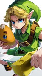 1boy belt belt_buckle blonde_hair blue_eyes boots brown_belt brown_boots buckle child closed_mouth commentary english_commentary green_hat green_tunic hat holding holding_mask holding_sword holding_weapon laz_gm link looking_at_viewer mask nintendo pointy_ears shoulder_belt sidelocks simple_background solo sword the_legend_of_zelda the_legend_of_zelda:_majora&#039;s_mask tunic v-shaped_eyebrows weapon white_background young_link