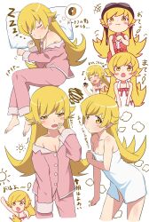 ! +++ ... 1girl :3 absurdres arm_up blonde_hair blush chibi closed_eyes closed_mouth commentary cropped_legs donut dreaming dress eighth_note fang flat_chest food full_body hair_flaps head_on_pillow highres long_hair looking_ahead looking_at_viewer monogatari_(series) multiple_views musical_note naked_towel off_shoulder open_mouth oshino_shinobu pajamas pillow pink_pajamas pointy_ears puff_of_air shoulder_blush simple_background skin_fang sleeveless sleeveless_dress speech_bubble squeans squiggle thought_bubble towel translation_request white_background white_dress yawning yellow_eyes yoshikirino zzz
