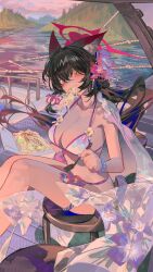 1girl absurdres animal_ears bikini black_hair blue_archive boat bra chair eating food fork halo highres holding holding_fork ocean omurice_(304975636) panties pink_halo sitting solo swimsuit underwear wakamo_(blue_archive) watercraft white_bikini white_bra white_panties