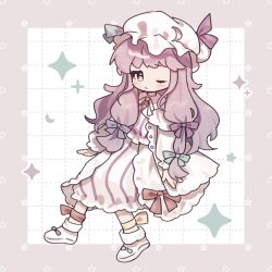 1girl ;&lt; absurdres blue_bow blue_ribbon bow crescent crescent_hat_ornament crescent_pin dress hat hat_ornament highres long_hair looking_at_viewer mob_cap moe45r one_eye_closed patchouli_knowledge purple_bow purple_eyes purple_hair purple_ribbon red_bow red_ribbon ribbon solo striped_clothes striped_dress touhou vertical-striped_clothes vertical-striped_dress white_dress white_hat yellow_ribbon