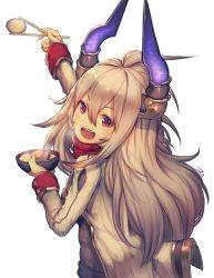 10s 1girl :d bazooka_oiran blush breasts chopsticks daikon draph egg egg_(food) female_focus food from_behind granblue_fantasy grey_hair grey_sweater hair_between_eyes hardboiled_egg highres horns jacket konnyaku_(food) long_hair long_sleeves looking_at_viewer looking_back medium_breasts oden open_mouth outstretched_arm radish red_eyes red_scarf ribbed_sweater scarf signature simple_background smile solo steam sweater threo_(granblue_fantasy) upper_body white_background
