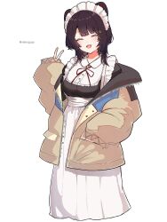 Rule 34 | 1girl, animal ears, apron, dog ears, dog girl, dog tail, highres, inui toko, jacket, maid, maid apron, maid headdress, neko kai-san, nijisanji, open clothes, open jacket, open mouth, simple background, smile, solo, tail, v, virtual youtuber, white background