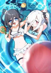 2girls absurdres aris_(blue_archive) bare_shoulders bikini black_bikini black_hair black_scrunchie blue_archive blue_eyes blue_innertube bright_pupils collarbone commentary_request frilled_bikini frills hair_between_eyes hair_over_one_eye highres holding holding_water_gun kei_(blue_archive) loli long_hair long_hair_between_eyes looking_at_viewer multiple_girls navel on_innertube open_mouth pool red_eyes scrunchie shibumenigai smile swimsuit very_long_hair water_gun white_bikini white_hair white_pupils white_scrunchie