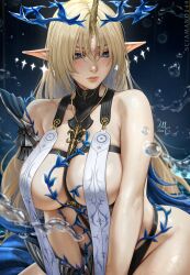 1girl blonde_hair blue_eyes blue_halo breast_curtains breasts cleavage closed_mouth commentary crown_of_thorns english_commentary fleurdelys_(wuthering_waves) gold_necklace halo highres horns jewelry large_breasts lips long_hair necklace pointy_ears sciamano240 single_horn solo tacet_mark_(wuthering_waves) thorns very_long_hair water wet wuthering_waves