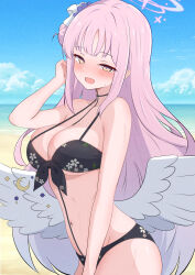 Rule 34 | 1girl, absurdres, alternate costume, bikini, black bikini, blue archive, blush, cosplay, feathered wings, floral print bikini, flower, hair bun, hair flower, hair ornament, hair scrunchie, halo, highres, kakapomilk, koharu (blue archive), koharu (blue archive) (cosplay), looking at viewer, mika (blue archive), open mouth, pink hair, pink halo, purple flower, scrunchie, single side bun, solo, sweat, swimsuit, white scrunchie, wings, yellow eyes