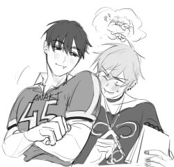 !? 2boys alien_stage blush commentary earrings english_commentary fang greyscale highres holding holding_notebook holding_pen ivan_(alien_stage) jersey jewelry male_focus monochrome multiple_boys notebook official_alternate_costume pen shirt short_sleeves speech_bubble the_quipper thought_bubble till_(alien_stage) yaoi