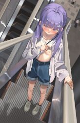 1girl bag blush breasts clothes_lift denim denim_shorts escalator hair_ornament hayakawa_sena_(pei_iriya) highres jacket lifting_own_clothes long_hair navel nipples open_clothes open_jacket original outdoors pei_iriya petite purple_eyes purple_hair shirt shirt_lift shoes shorts shoulder_bag solo_focus standing twintails white_shoes