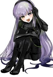 1girl black_bodysuit black_gloves blush bodysuit boots breasts elbow_gloves fate/grand_order fate_(series) giant giantess gimp_suit gloves green_ribbon hair_ribbon hairband heterochromia high_heel_boots high_heels highres kingprotea_(fate) latex latex_bodysuit long_hair looking_at_viewer medium_breasts nyokinyoki_18 o-ring open_mouth purple_eyes purple_hair ribbon sitting smile solo very_long_hair xochitonal_(fate) yellow_eyes