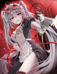 1girl absurdres apron arch_a4 black_dress blush breasts commentary dress english_commentary eyewear_on_head gloves grey_hair gun handgun highres holding holding_weapon large_breasts long_hair looking_at_viewer maid maid_headdress mole mole_under_eye original red_eyes red_tail revolver short_sleeves side_slit solo sunglasses tail thigh_strap twintails very_long_hair weapon white_apron white_gloves