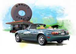 2025 animal artist_name black_cat building car cat commentary_request convertible eunos_roadster green_car license_plate mazda_mx-5 mazda_mx-5_na motor_vehicle nimbus_goldbrum no_humans original shadow vehicle_focus