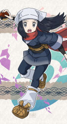 Rule 34 | 1girl, akari (pokemon), arm up, black hair, black sash, black shirt, brown shoes, commentary request, grey jacket, grey skirt, headscarf, highres, hisuian poke ball, holding, holding poke ball, jacket, leg up, long hair, nintendo, outline, pantyhose, poke ball, pokemon, pokemon legends: arceus, red scarf, sasami 642, sash, scarf, shirt, shoes, sidelocks, skirt, socks, solo, white socks