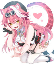 1girl animal_ear_fluff animal_ears ascot beret black_gloves black_hat black_shirt boots breasts claw_pose commentary extra_ears gloves goggles goggles_on_head hair_between_eyes hat high-waist_shorts high_heel_boots high_heels highres hololive hololive_english kneeling large_breasts long_hair looking_at_viewer mogu_(au1127) multicolored_hair nail_polish open_mouth panther_ears panther_girl panther_tail partially_fingerless_gloves pink_hair pink_nails raora_panthera raora_panthera_(1st_costume) shirt shorts sidelocks simple_background single_glove solo streaked_hair tail thigh_strap thighhighs vest virtual_youtuber white_ascot white_background white_boots white_hair white_shorts white_thighhighs white_vest yellow_eyes