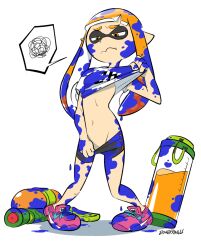 1girl bike_shorts bike_shorts_pull black_bike_shorts breasts clothes_lift clothes_pull dangerking11 embarrassed gun ink_tank_(splatoon) inkling inkling_girl inkling_player_character loli long_hair looking_down nintendo nipples orange_eyes orange_hair paint paint_on_body paint_on_clothes paint_splatter paint_splatter_on_face pink_shoes pointy_ears shirt shirt_lift shoes short_sleeves small_breasts sneakers speech_bubble splatoon_(series) splatoon_1 splattershot_(splatoon) squid_girl standing suction_cups tentacle_hair weapon white_background white_shirt