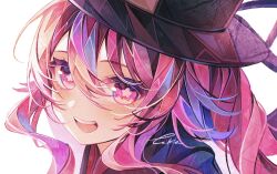 1girl :d black_hat blush floating_hair genshin_impact hat hu_tao_(genshin_impact) long_hair looking_at_viewer open_mouth pink_eyes pink_hair portrait signature smile solo symbol-shaped_pupils touka_(pixiv71609120)