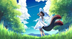 1girl :d ^_^ arm_up bare_arms bare_shoulders blue_sky brown_hair closed_eyes cloud commentary_request dark-skinned_female dark_skin day dress facing_viewer grass hair_between_eyes hand_on_headwear hat highres mountain multiple_tails open_mouth original outdoors sakura_chiyo_(konachi000) sky sleeveless sleeveless_dress smile solo standing sun_hat sundress tail tree two_tails white_dress white_hat