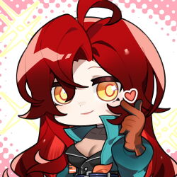 1girl ahoge artist_request blue_jacket bonneville_(neural_cloud) chibi chibi_only chinese_commentary finger_heart girls&#039;_frontline girls&#039;_frontline_neural_cloud heart highres jacket looking_at_viewer official_art red_hair second-party_source solo yellow_eyes