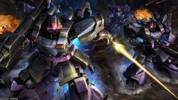 absurdres asteroid asymmetrical_dual_wielding battle bazooka_(gundam) beam_cannon chest_cannon company_name copyright_notice dom_(mobile_suit) dual_wielding energy_sword gun gundam gundam_battle_operation_2 gundam_f91_formula_report_0122 highres holding holding_sword holding_weapon machinery mecha mecha_focus mobile_suit neo_zeon no_humans official_art one-eyed pink_eyes realistic rf_dom robot scan science_fiction space sunrise_(company) sword tenjin_hidetaka thrusters traditional_media weapon