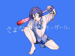 Rule 34 | 1boy, barefoot, baseball bat, black skirt, blood, blood on face, blue background, blue bow, blue bowtie, blue skirt, blunt ends, bow, bowtie, closed mouth, collared shirt, crossdressing, delinquent, feathers, genshin impact, hand on own head, highres, holding, holding baseball bat, kingyo (nyankomanjyuu15), long sleeves, looking at viewer, male focus, on one knee, over shoulder, pleated skirt, pom pom (clothes), purple eyes, purple hair, scaramouche (genshin impact), school uniform, shirt, shorts, shorts under skirt, skirt, smile, solo, stuffed toy, toes, translation request, weapon, weapon over shoulder, white shirt, white sleeves, yellow feathers