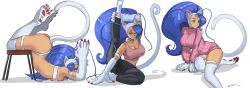 1girl angry animal_ears ass blue_hair breasts cat_ears cat_tail dark-skinned_female dark_skin darkstalkers felicia_(darkstalkers) green_eyes highres large_breasts long_hair long_sleeves stretching sweater tail tallinax thong very_long_hair white_fur yoga