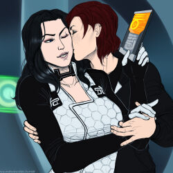 2girls black_hair blue_eyes commander_shepard commander_shepard_(female) hand_on_another&#039;s_arm highres holding_hands kiss kiss_on_the_cheek kissing_cheek mass_effect_(series) miranda_lawson multiple_girls n7_hoodie red_hair ryuuna tumblr tumblr_username yuri