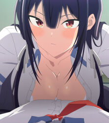 1boy 1girl absurdres anime_screenshot blush breast_press breasts cleavage closed_mouth collarbone collared_shirt hair_ribbon haite_kudasai_takamine-san highres long_hair looking_at_viewer necktie pov purple_hair red_eyes red_necktie ribbon school_uniform shirt solo_focus stitched takamine_takane third-party_edit white_ribbon white_shirt