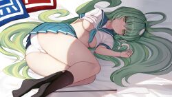 1girl absurdres ass bed_sheet black_socks blue_sailor_collar blue_skirt breasts commentary_request frog_hair_ornament green_eyes green_hair hair_ornament highres kochiya_sanae liya long_hair medium_breasts panties pleated_skirt sailor_collar school_uniform shirt short_hair short_sleeves skirt snake_hair_ornament socks solo thighs touhou trefoil underwear variant_set very_long_hair white_panties white_shirt
