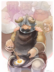 6+boys beard border brigan_(dungeon_meshi) brown_hair closed_eyes cooking dungeon_meshi dwarf edo_mond_(edoedoedomond) facial_hair fake_horns fried_egg frying_pan gillin_(dungeon_meshi) glasses hand_on_another&#039;s_shoulder helmet holding holding_frying_pan horned_helmet horns invar_(dungeon_meshi) long_beard male_focus multiple_boys mustache noor_(dungeon_meshi) red_hair senshi_(dungeon_meshi) thick_mustache totan_(dungeon_meshi) very_long_beard white_border white_hair