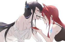 Rule 34 | 2girls, ahoge, all fours, alternate costume, black-framed eyewear, black camisole, black hair, black horns, breasts, camisole, cellphone, cleavage, collarbone, collared shirt, commentary, demon horns, elizabeth rose bloodflame, english commentary, eyewear in mouth, fire on chest, from side, half-closed eyes, holding, holding phone, hololive, hololive english, horns, large breasts, light blush, long hair, looking at another, mouth hold, multiple girls, nerissa ravencroft, otashishi, parted bangs, partially unbuttoned, phone, red eyes, red hair, semi-rimless eyewear, shirt, simple background, single off shoulder, smartphone, surprised, unworn eyewear, very long hair, virtual youtuber, white background, white shirt, wide-eyed, yuri