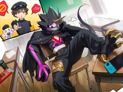 Rule 34 | 2boys, absurdres, black jacket, black pants, black scales, black sclera, black skin, blush stickers, brown hair, classroom, colored sclera, colored skin, delinquent, digimon, digimon (creature), digimon ghost game, dragon, food, gammamon, green eyes, gulusgammamon, haribo, highres, horns, indoors, jacket, jacket on shoulders, male focus, monster energy, multiple boys, muna 1414, nintendo switch, pants, pocky, purple eyes, school uniform, single horn, sitting, solo focus, speech bubble, table