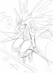 1girl armor armored_boots armored_gloves armored_leotard boots breasts bridge butterfly_wings digimon digimon_(creature) female_focus fur_collar gloves helmet high_heels highres hudiemon insect_wings leotard long_hair looking_at_viewer looking_up medium_breasts ph6xeivbgpimggg shoulder_armor sitting skirt solo tinted_eyewear wings