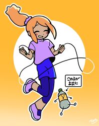 1girl 1other :d absurdres arrow_(symbol) blue_shorts blush blush_stickers bottle closed_eyes dark-skinned_female dark_skin highres holding_jump_rope jangbar_rhythm jump_rope jumping leg_up open_mouth orange_background orange_hair ponytail purple_shirt purple_shoes rhythm_tengoku rhythm_tengoku_miracle_stars shirt shoes short_sleeves shorts simple_background smile tan translation_request