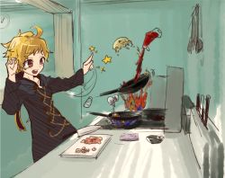 1girl akahane_daisuke bad_id bad_pixiv_id blonde_hair cooking female_focus frying_pan highres magic original sketch smile solo witch