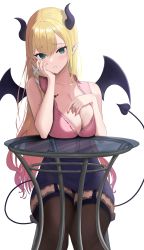 1girl absurdres bat_tattoo black_thighhighs blonde_hair blue_skirt blush breast_rest breast_tattoo breasts cleavage demon_girl demon_tail demon_wings frilled_shirt frills garter_straps glass_table gradient_hair green_eyes hand_on_own_cheek hand_on_own_face higasino3ldk highres hololive lace lace-trimmed_legwear lace_trim large_breasts long_hair looking_at_viewer low-cut multicolored_hair parted_lips pink_hair pink_shirt pointy_ears shirt simple_background sitting skirt sleeveless sleeveless_shirt solo table tail tattoo thighhighs virtual_youtuber white_background winged_heart wings yuzuki_choco yuzuki_choco_(1st_costume)