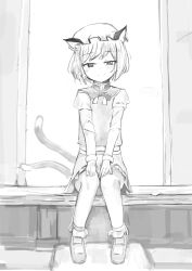 1girl animal_ear_piercing animal_ears bobby_socks cat_ears cat_tail chen commentary_request earrings frills full_body greyscale half-closed_eyes hands_on_own_knees hat highres jewelry juliet_sleeves knees_together_feet_apart long_sleeves looking_at_viewer mary_janes mob_cap monochrome multiple_tails nekomata ok1teru petticoat puffy_sleeves shoes short_hair single_earring sitting skirt smile socks solo split_mouth swept_bangs tail touhou two_tails unfinished vest