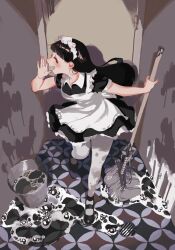 Rule 34 | 1girl, apron, black dress, black hair, black shoes, blunt bangs, breasts, bucket, cleaning, collar, collared dress, cupping hand, door, dress, dripping, dynamic pose, full body, grey pantyhose, hands up, happy, highres, holding, holding mop, indoors, kim tosh, knee up, leaning forward, long hair, looking at viewer, maid, maid headdress, medium breasts, mop, no lineart, no sclera, open hand, open mouth, original, outstretched arm, pantyhose, profile, puddle, shoes, short sleeves, sideways glance, smile, soap bubbles, solo, standing, standing on one leg, tile floor, tiles, turning head, wet floor, white apron, white collar, wing collar