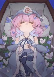 1girl absurdres bare_shoulders blue_flower blue_hat blue_kimono blue_ribbon blue_sash closed_eyes closed_mouth coffin detached_sleeves flower gumingdi_ban hat highres japanese_clothes kimono long_sleeves lying mob_cap neck_ribbon obi on_back pillow pink_hair ribbon saigyouji_yuyuko sash short_hair solo touhou triangular_headpiece white_flower wide_sleeves