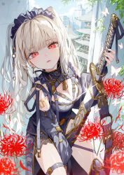 Rule 34 | 1girl, absurdres, architecture, between thighs, black dress, black hairband, black thighhighs, blonde hair, blue sky, blunt bangs, blush, breasts, bug, building, butterfly, chest harness, cleavage, cloud, commentary request, day, detached sleeves, dress, earrings, east asian architecture, flower, frilled dress, frilled hairband, frills, glint, glowing butterfly, gold trim, hairband, hand on hilt, hand up, harness, highres, holding, holding sword, holding weapon, insect, jewelry, katana, lace trim, long hair, long sleeves, looking at viewer, medium breasts, negimapurinn, number tattoo, open mouth, original, outdoors, red eyes, red flower, sheath, sitting, sky, solo, spider lily, sword, tassel, tassel earrings, tattoo, thigh strap, thighhighs, thighs, twintails, unsheathing, very long hair, weapon