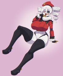 Rule 34 | 1girl, :d, absurdres, belt, black gloves, black lips, black thighhighs, boots, borrowed character, colored skin, doce, drill hair, eyepatch, female focus, fingerless gloves, full body, fur-trimmed shirt, fur trim, gloves, hair between eyes, half-closed eyes, hand to own mouth, harness, hat, heart, heart tattoo, highres, looking at viewer, mechanical hands, open mouth, original, pink background, red eyes, red hat, red shirt, shirt, shorts, sitting, smile, solo, spurs, tattoo, thigh boots, thighhighs, twin drills, white hair, white shorts, white skin