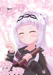 Rule 34 | 1girl, alternate costume, black sailor collar, black shirt, blunt bangs, cherry blossoms, closed eyes, closed mouth, hair bun, highres, hololive, long hair, looking at viewer, mikatsuki yuuya, murasaki shion, sailor collar, shirt, short eyebrows, sidelocks, smile, solo, v, very long hair, virtual youtuber