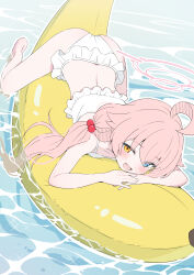 1girl :d absurdres ass bikini blue_archive blue_eyes commentary_request hair_bobbles hair_ornament halo heterochromia highres hoshino_(blue_archive) hoshino_(swimsuit)_(blue_archive) loli long_hair looking_at_viewer low_twintails lying mistel_(sukebemistel) official_alternate_costume on_stomach open_mouth pink_hair pink_halo smile solo swimsuit twintails white_bikini yellow_eyes