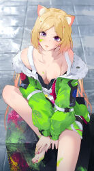 1girl :p absurdres aki_rosenthal animal_ears barefoot blonde_hair blue_eyes blush breasts cat_ears cleavage commentary highres hololive jacket long_hair menomeno_draw multicolored_hair paint_splatter paint_splatter_on_face parted_bangs pink_hair purple_nails sitting smile solo tongue tongue_out twintails two-tone_hair virtual_youtuber