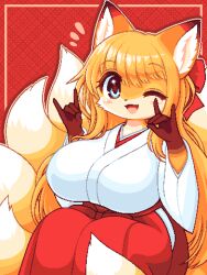 1girl :3 animal_ear_fluff animal_ears blue_eyes blush breasts commentary_request fox_ears fox_girl fox_shadow_puppet fox_tail furry furry_female hakama huge_breasts jaggy_lines japanese_clothes kitsune kyuubi long_hair looking_at_viewer lowres miko multiple_tails oekaki one_eye_closed orange_fur orange_hair original red_hakama smile solo tail takiune very_long_hair