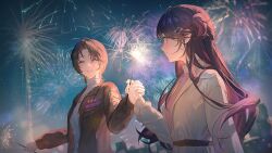 2girls ^_^ artist_request black_hair brown_hair closed_eyes closed_mouth eleanor_si fireworks game_cg hair_ornament hairclip highres holding holding_fireworks holding_hands jacket light_smile love_curse:_find_your_soulmate multicolored_hair multiple_girls night night_sky non-web_source official_art pale_skin parted_lips selene_yan short_hair short_sidetail side_ponytail sky smile sparkler two-tone_hair upper_body yuri zipper